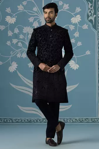Black embroidered velvet sherwani