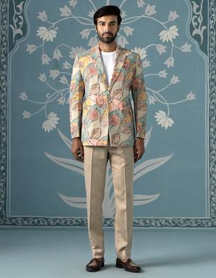 Designer patch-print blazer set in vibrant multi colours 1