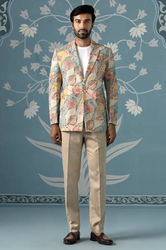 Designer patch-print blazer set in vibrant multi colours