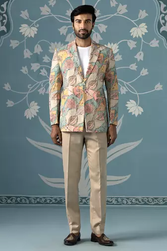 Designer patch-print blazer set in vibrant multi colours