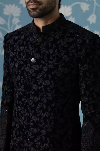 Black embroidered velvet sherwani
