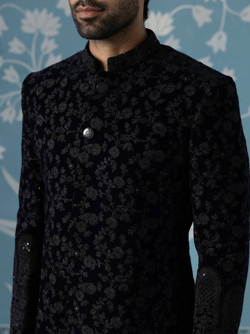 Black embroidered velvet sherwani