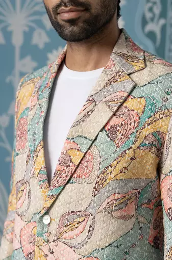 Designer patch-print blazer set in vibrant multi colours
