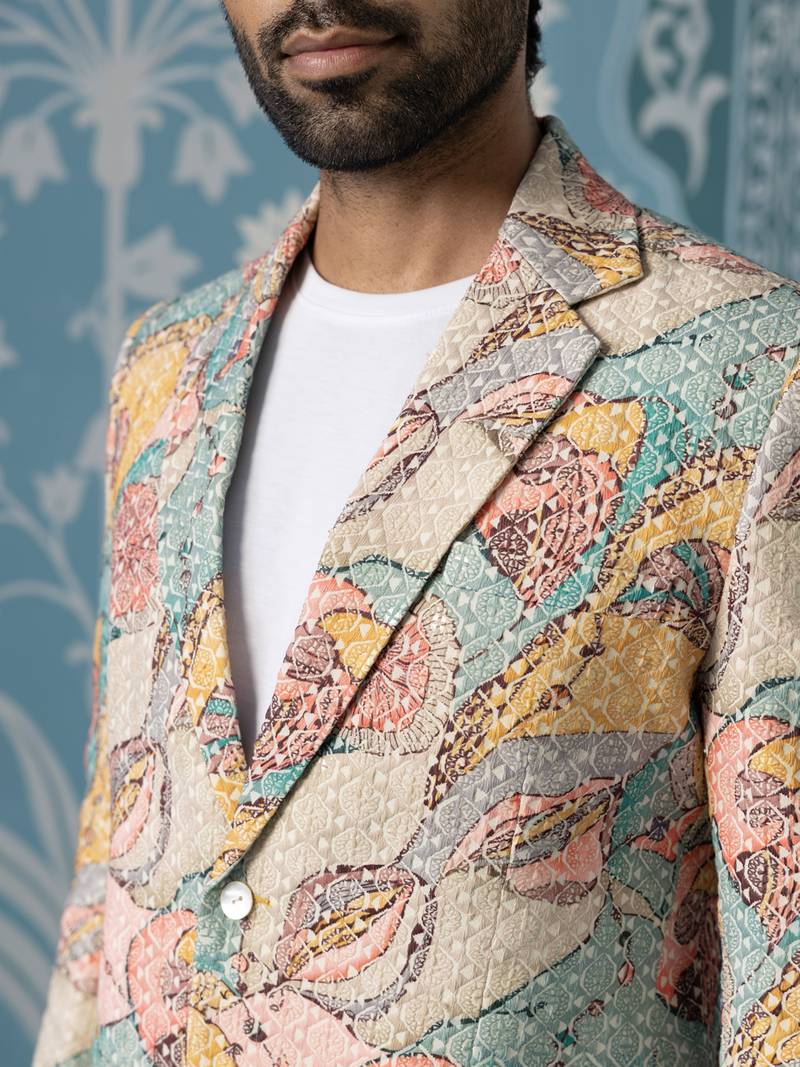 Designer patch-print blazer set in vibrant multi colours