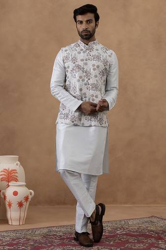 Ice blue floral embroidered bundi with kurta set