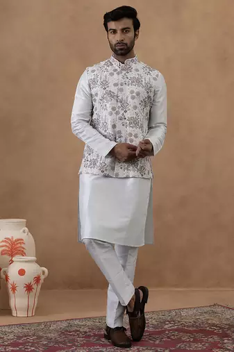 Ice blue floral embroidered bundi with kurta set