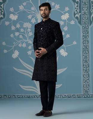 Black embroidered velvet sherwani 3