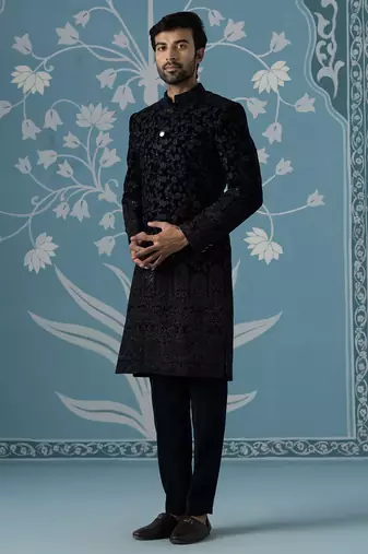 Black embroidered velvet sherwani