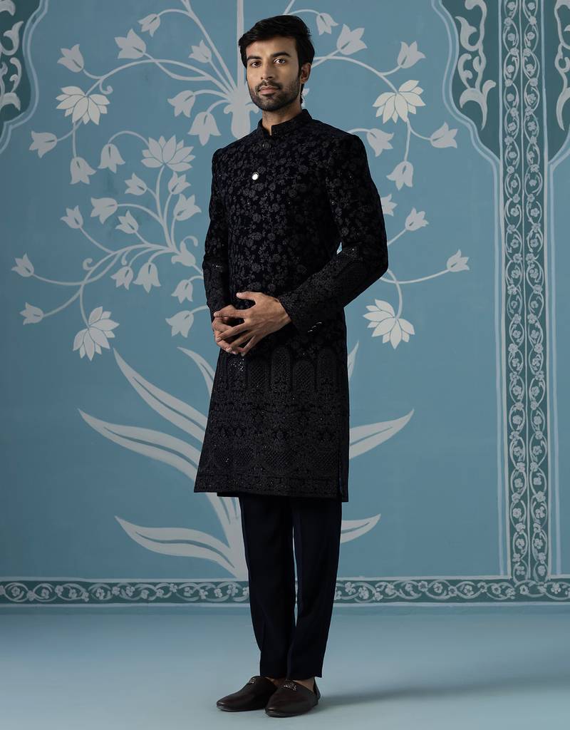 Black embroidered velvet sherwani