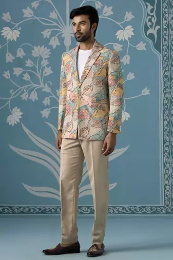 Designer patch-print blazer set in vibrant multi colours