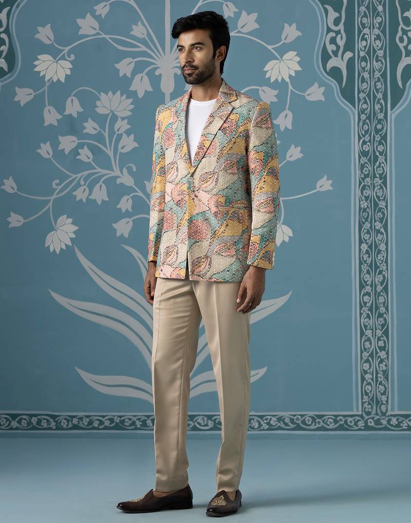 Designer patch-print blazer set in vibrant multi colours