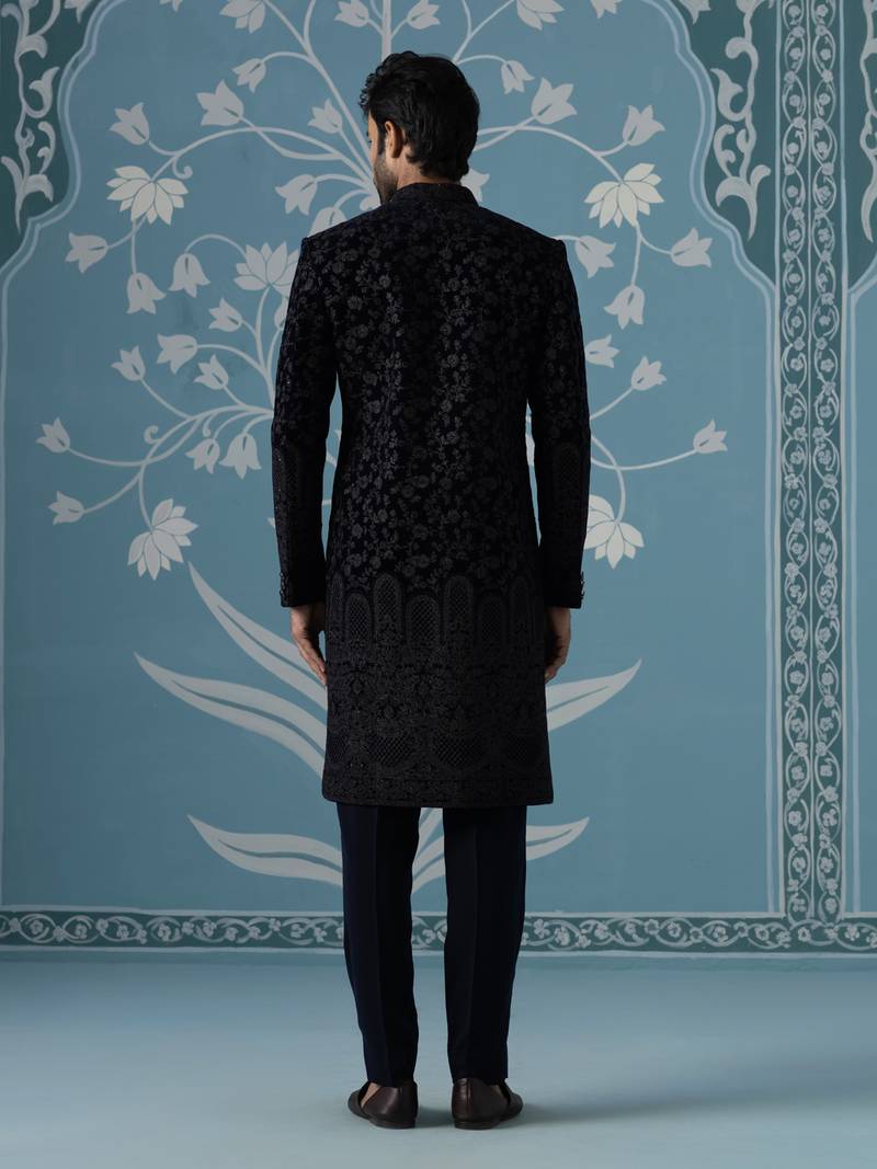 Black embroidered velvet sherwani
