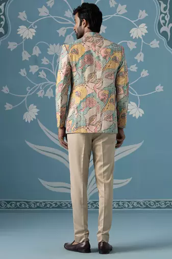Designer patch-print blazer set in vibrant multi colours