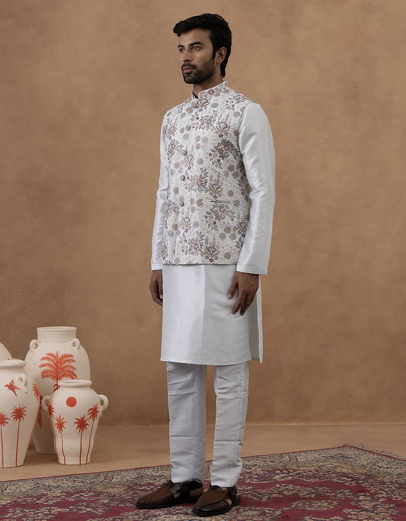 Ice blue floral embroidered bundi with kurta set