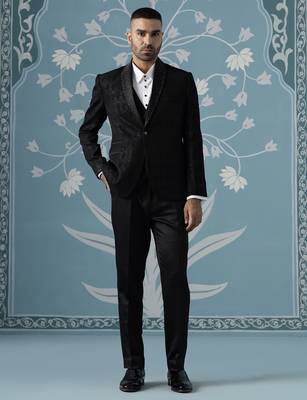 Black self-textured tuxedo set 1