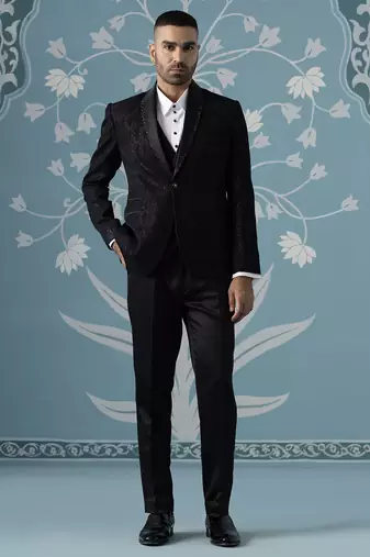 Black self-textured tuxedo set