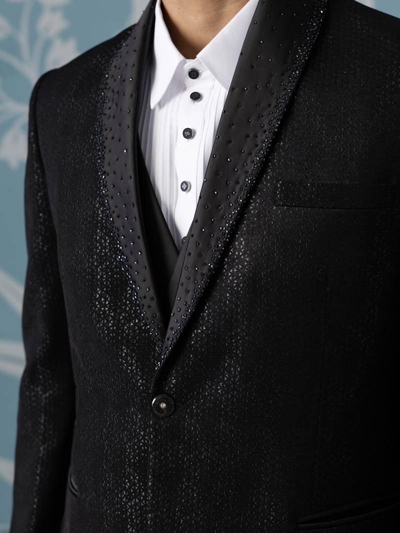 Black self-textured tuxedo set