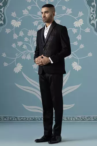 Black self-textured tuxedo set