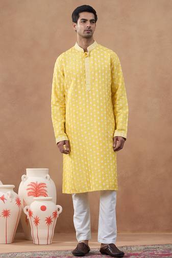 Yellow self embroidered kurta set