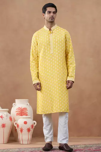 Yellow self embroidered kurta set