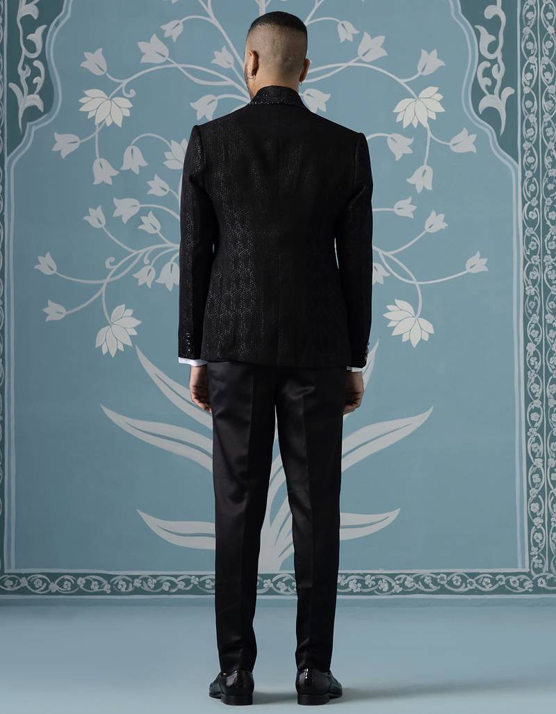 Black self-textured tuxedo set