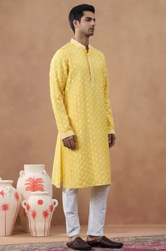 Yellow self embroidered kurta set