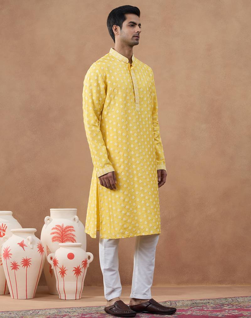 Yellow self embroidered kurta set
