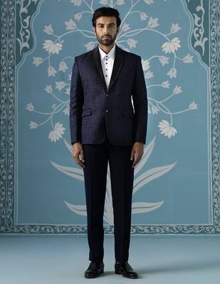 Navy textured blazer with tuxedo shirt 1
