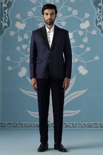 Navy textured blazer with tuxedo shirt