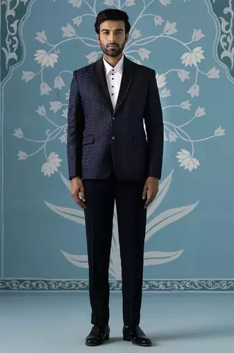 Navy textured blazer with tuxedo shirt