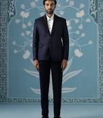 Navy textured blazer with tuxedo shirt