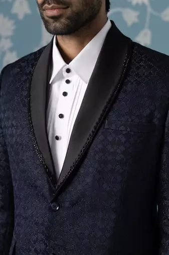 Navy textured blazer with tuxedo shirt