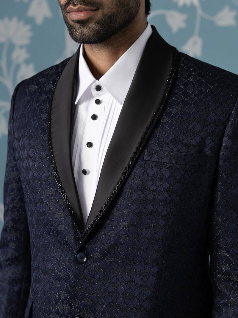 Navy textured blazer with tuxedo shirt