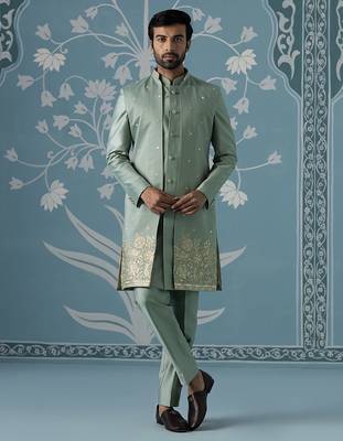 Dusky green long jacket semi-sherwani set 1