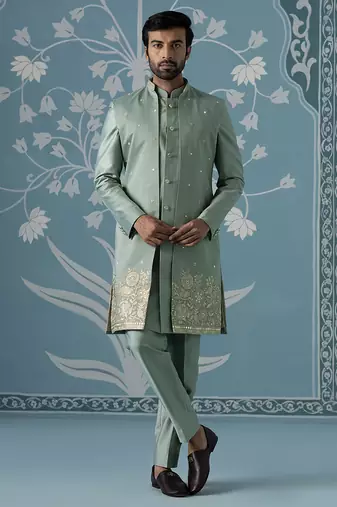 Dusky green long jacket semi-sherwani set