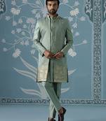 Dusky green long jacket semi-sherwani set