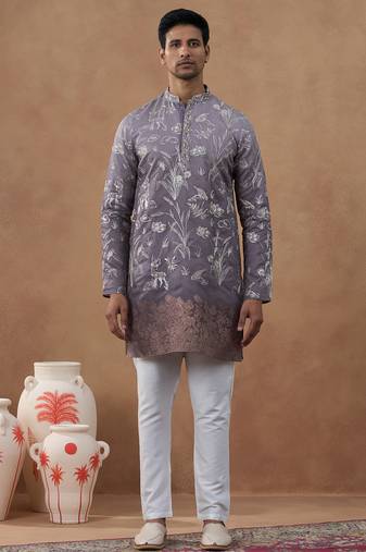 Embroidered mauve silk kurta set