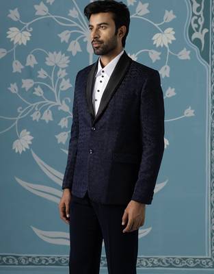 Navy textured blazer with tuxedo shirt 3