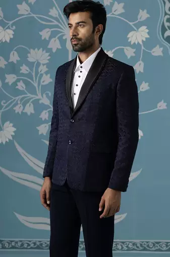 Navy textured blazer with tuxedo shirt