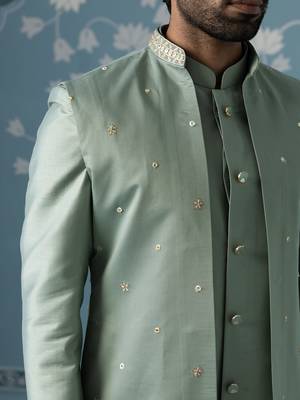 Dusky green long jacket semi-sherwani set 2