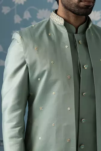 Dusky green long jacket semi-sherwani set