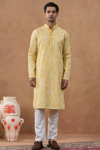 Yellow paisley embroidered kurta set