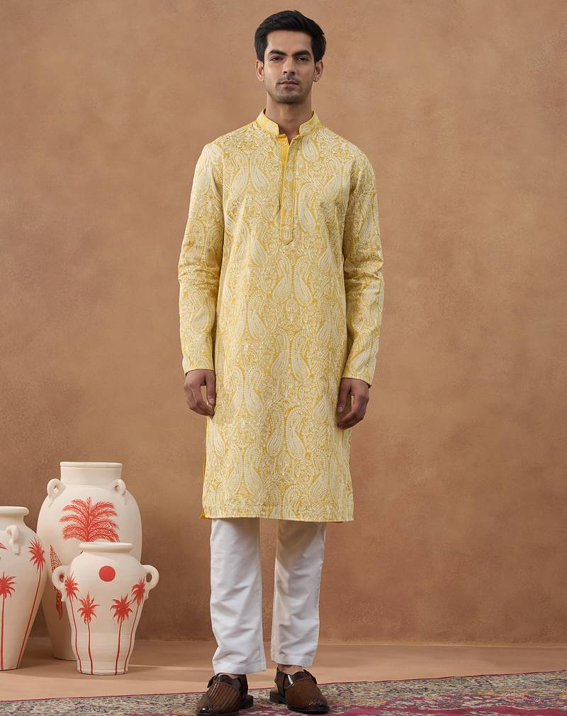 Yellow paisley embroidered kurta set
