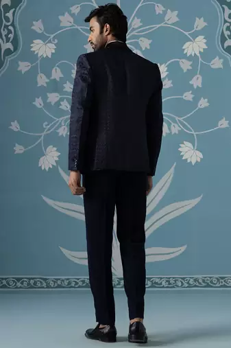 Navy textured blazer with tuxedo shirt