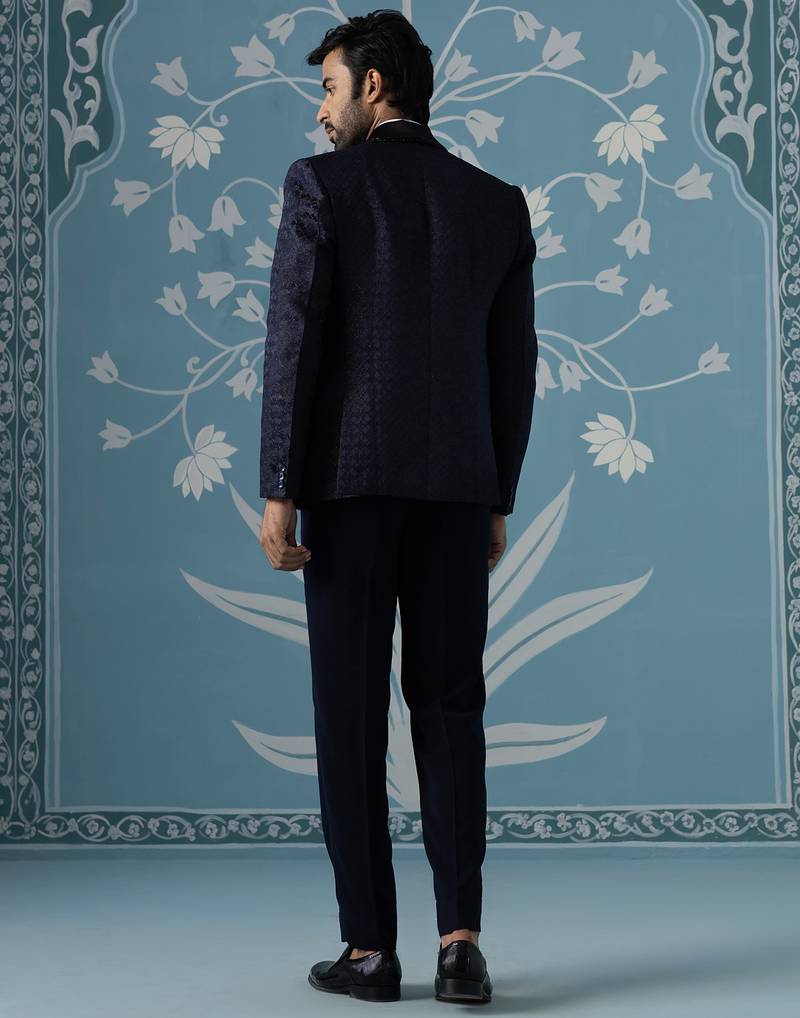 Navy textured blazer with tuxedo shirt