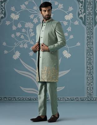 Dusky green long jacket semi-sherwani set 3