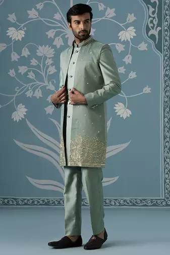 Dusky green long jacket semi-sherwani set