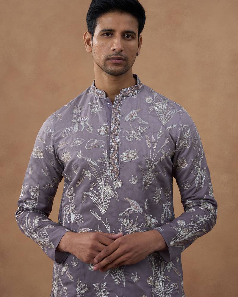 Embroidered mauve silk kurta set