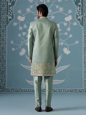 Dusky green long jacket semi-sherwani set 4