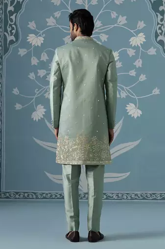 Dusky green long jacket semi-sherwani set